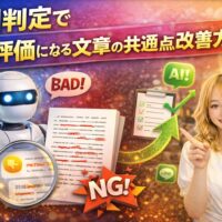 AI判定で低評価になる文章の共通点と改善方法を解説するアイキャッチ画像。ロボットの評価表示とチェックリスト、指差しする女性で改善を表現。