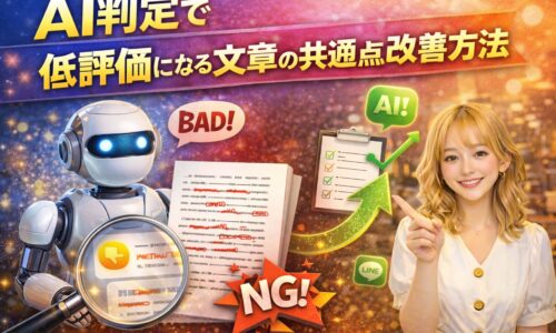 AI判定で低評価になる文章の共通点と改善方法を解説するアイキャッチ画像。ロボットの評価表示とチェックリスト、指差しする女性で改善を表現。