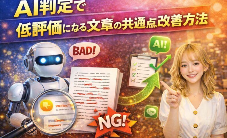AI判定で低評価になる文章の共通点と改善方法を解説するアイキャッチ画像。ロボットの評価表示とチェックリスト、指差しする女性で改善を表現。