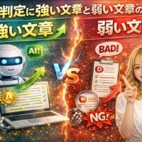 AI判定に強い文章と弱い文章の違いを比較解説するアイキャッチ画像。高評価を示すAIロボットと低評価のチェックシート、指差しする女性で対比を表現。