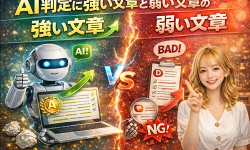 AI判定に強い文章と弱い文章の違いを比較解説するアイキャッチ画像。高評価を示すAIロボットと低評価のチェックシート、指差しする女性で対比を表現。