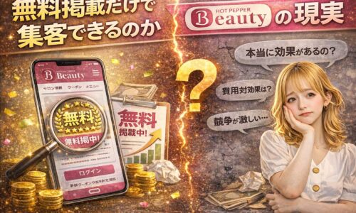 無料掲載だけで集客できるのかを解説するホットペッパービューティーのアイキャッチ画像。無料掲載表示のスマホ画面と疑問を抱く女性で現実を表現。