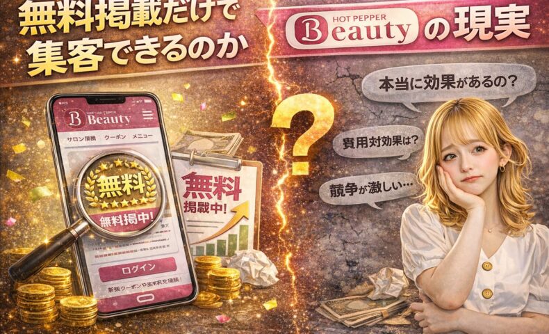 無料掲載だけで集客できるのかを解説するホットペッパービューティーのアイキャッチ画像。無料掲載表示のスマホ画面と疑問を抱く女性で現実を表現。