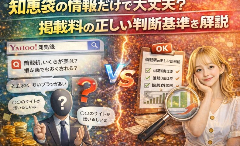 知恵袋の情報だけで掲載料を判断してよいのかを解説するアイキャッチ画像。質問画面と不安な人物、正しい判断基準のチェックリストで対比を表現。