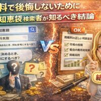 掲載料で後悔しないための判断基準を解説するアイキャッチ画像。知恵袋の疑問画面と不安な人物、正しい判断基準のチェックリストを示す女性で対比を表現。