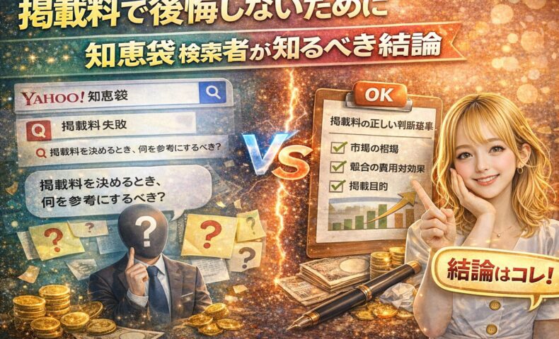 掲載料で後悔しないための判断基準を解説するアイキャッチ画像。知恵袋の疑問画面と不安な人物、正しい判断基準のチェックリストを示す女性で対比を表現。