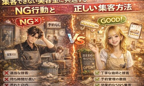 集客できない美容室のNG行動と正しい集客方法を比較解説するアイキャッチ画像。悩む美容師と成功する美容室の対比で集客改善を表現。