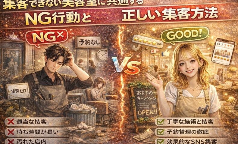 集客できない美容室のNG行動と正しい集客方法を比較解説するアイキャッチ画像。悩む美容師と成功する美容室の対比で集客改善を表現。