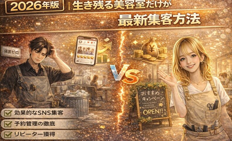 2026年版の最新集客方法を解説する美容室向けアイキャッチ画像。悩む美容師と成功する美容室の対比、SNS評価や売上上昇アイコンで生き残り戦略を表現。