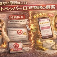 投稿できない原因とホットペッパー口コミ制限の真実を解説するアイキャッチ画像。投稿拒否表示に悩む女性と高評価口コミを表示する成功例の対比で制限の仕組みを表現。
