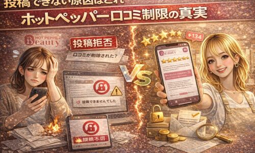 投稿できない原因とホットペッパー口コミ制限の真実を解説するアイキャッチ画像。投稿拒否表示に悩む女性と高評価口コミを表示する成功例の対比で制限の仕組みを表現。