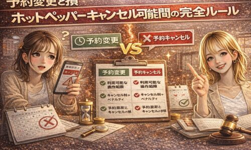 予約変更とキャンセルの違いを比較解説するアイキャッチ画像。悩む女性と解説する女性、チェックリストとカレンダーで操作期限の違いを表現。