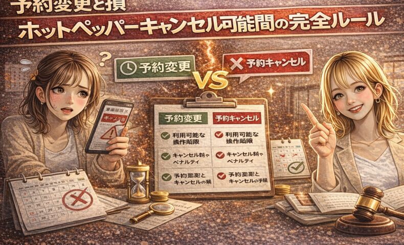 予約変更とキャンセルの違いを比較解説するアイキャッチ画像。悩む女性と解説する女性、チェックリストとカレンダーで操作期限の違いを表現。