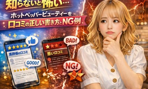 ホットペッパービューティー口コミの書き方を解説するアイキャッチ画像。良い口コミとNG口コミの違いに悩む女性と評価例を対比して表現