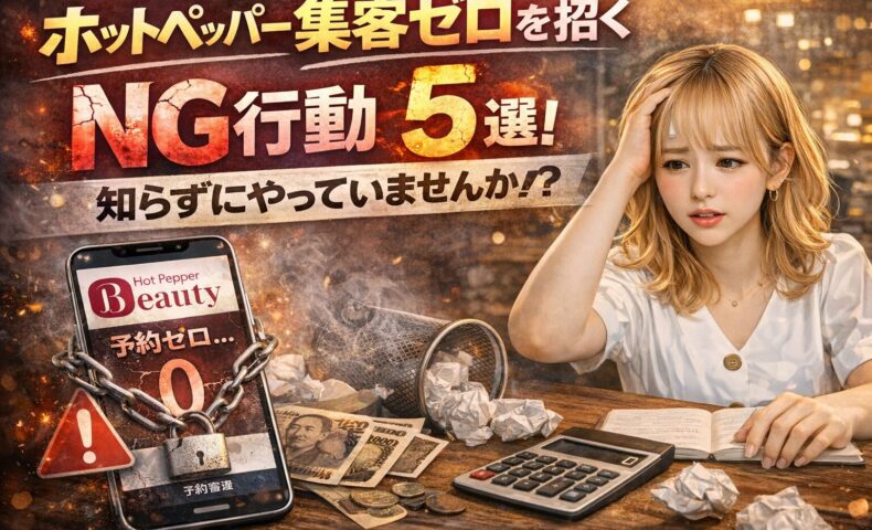 ホットペッパー集客ゼロを招くNG行動5選を表現したアイキャッチ画像。予約ゼロのスマホ画面と悩む女性の様子