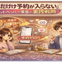ホットペッパーで予約が入らない原因を解説するイラスト。満席の店と予約ゼロのスマホ画面、悩む女性と改善策を示す男性の対比。