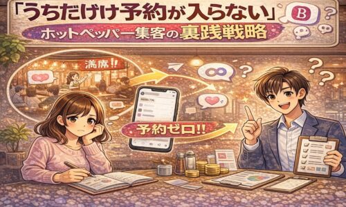 ホットペッパーで予約が入らない原因を解説するイラスト。満席の店と予約ゼロのスマホ画面、悩む女性と改善策を示す男性の対比。