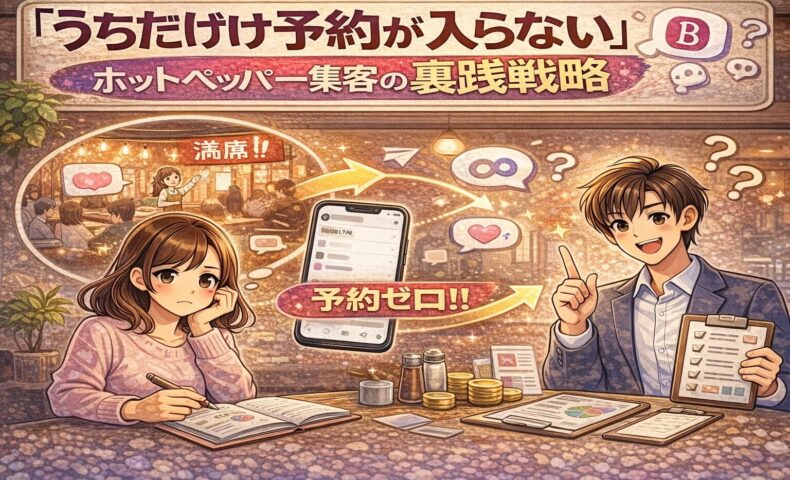 ホットペッパーで予約が入らない原因を解説するイラスト。満席の店と予約ゼロのスマホ画面、悩む女性と改善策を示す男性の対比。