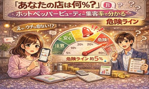 ホットペッパービューティーの集客率を示すグラフと「危険ライン5%」を前に、不安そうな女性と改善策を示す男性が描かれたイラスト。集客が伸び悩むサロンの現状を可視化したアイキャッチ画像