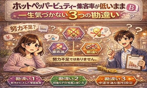 ホットペッパービューティーの集客率が伸びず悩むサロン経営者と、「勘違い」「思い込み」を象徴するアイコンが描かれたイラスト。集客率が低い原因を構造的に示すアイキャッチ画像