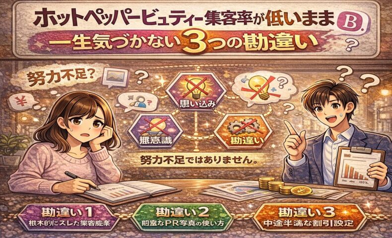 ホットペッパービューティーの集客率が伸びず悩むサロン経営者と、「勘違い」「思い込み」を象徴するアイコンが描かれたイラスト。集客率が低い原因を構造的に示すアイキャッチ画像