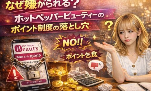 ホットペッパービューティーのポイント制度に悩むエステサロン経営者の女性と、ポイント表示されたスマホや金貨が並ぶイメージ画像