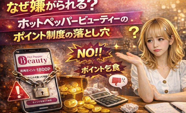ホットペッパービューティーのポイント制度に悩むエステサロン経営者の女性と、ポイント表示されたスマホや金貨が並ぶイメージ画像