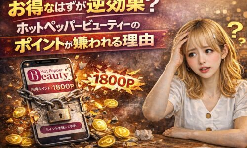 ホットペッパービューティーのポイント制度に悩むサロン経営者の女性と、ポイント表示されたスマホが壊れたように描かれたイメージ画像