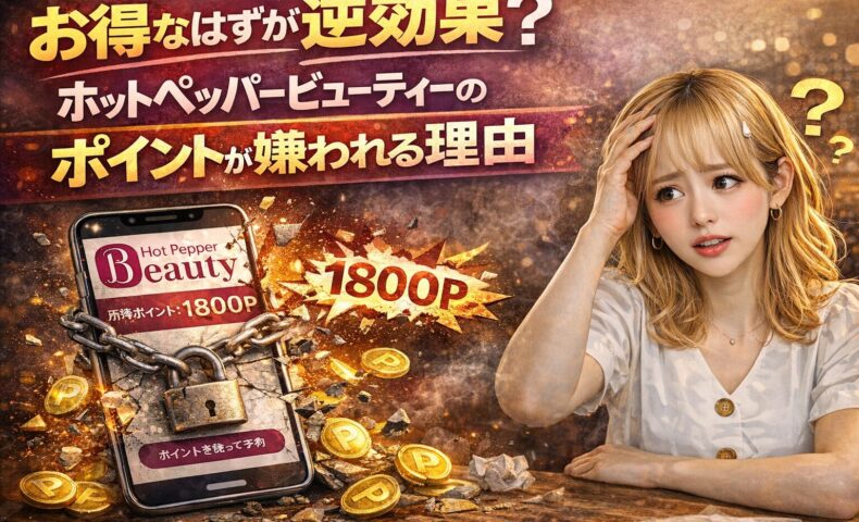 ホットペッパービューティーのポイント制度に悩むサロン経営者の女性と、ポイント表示されたスマホが壊れたように描かれたイメージ画像