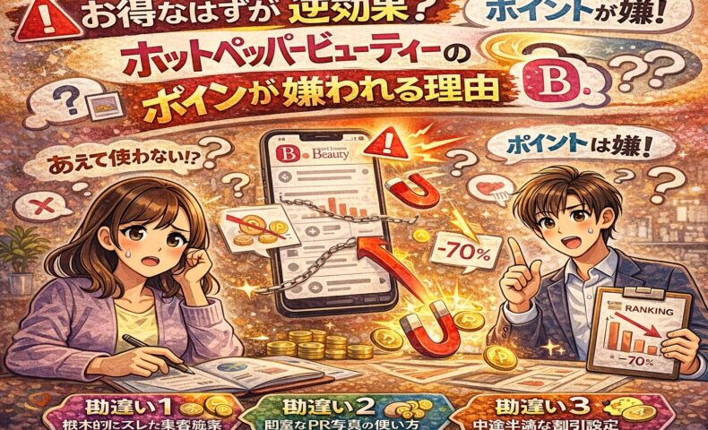 ホットペッパービューティーの集客率を示すグラフと「危険ライン5％」を前に、不安そうな女性と改善策を示す男性が描かれたイラスト。集客が伸び悩むサロンの現状を可視化したアイキャッチ画像