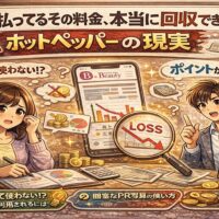 ホットペッパービューティーの掲載料金と成果のギャップに悩むサロン経営者と、下落するグラフや「LOSS」と書かれた虫眼鏡が描かれたイラスト。毎月の広告費が回収できていない現実を可視化したアイキャッチ画像