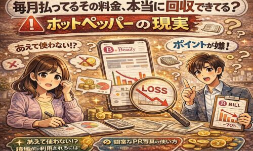 ホットペッパービューティーの掲載料金と成果のギャップに悩むサロン経営者と、下落するグラフや「LOSS」と書かれた虫眼鏡が描かれたイラスト。毎月の広告費が回収できていない現実を可視化したアイキャッチ画像