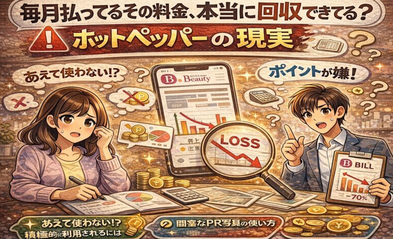 ホットペッパービューティーの掲載料金と成果のギャップに悩むサロン経営者と、下落するグラフや「LOSS」と書かれた虫眼鏡が描かれたイラスト。毎月の広告費が回収できていない現実を可視化したアイキャッチ画像