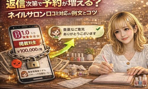 ネイルサロンの口コミ返信を考える女性と、低評価レビューが表示されたスマホ、返信によって評価が改善していく様子を表したイメージ画像