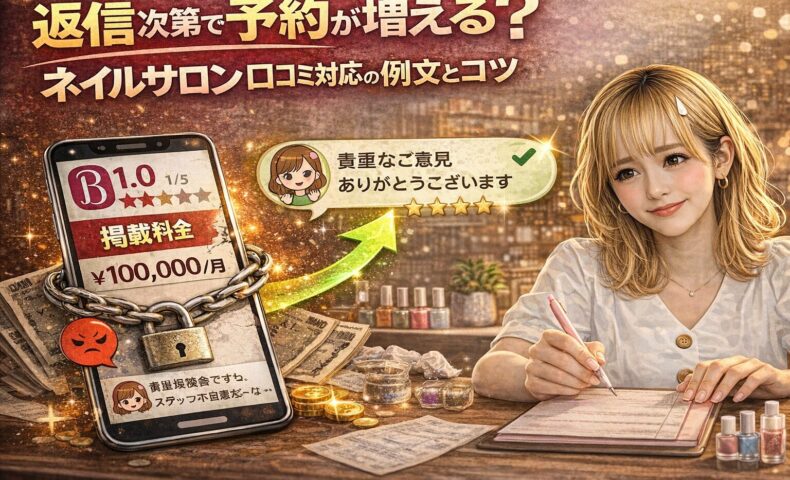 ネイルサロンの口コミ返信を考える女性と、低評価レビューが表示されたスマホ、返信によって評価が改善していく様子を表したイメージ画像