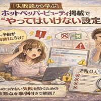 ホットペッパービューティー掲載でやってはいけない設定を失敗談から学ぶ解説イメージ。予約が入らず焦るサロンスタッフと、サロンボード画面に警告マークが表示されている様子。