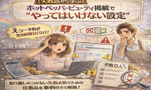 ホットペッパービューティー掲載でやってはいけない設定を失敗談から学ぶ解説イメージ。予約が入らず焦るサロンスタッフと、サロンボード画面に警告マークが表示されている様子。