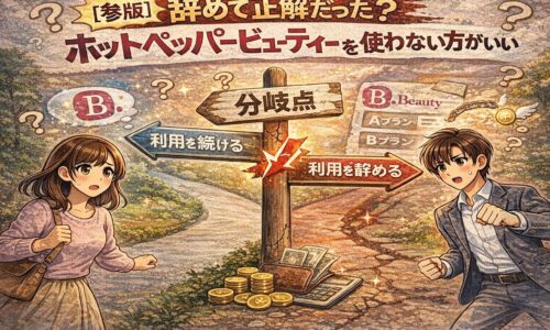 ホットペッパービューティーを続けるか辞めるかで悩むサロンオーナーが分岐点に立つイラスト。掲載継続と撤退の判断を象徴する構図。