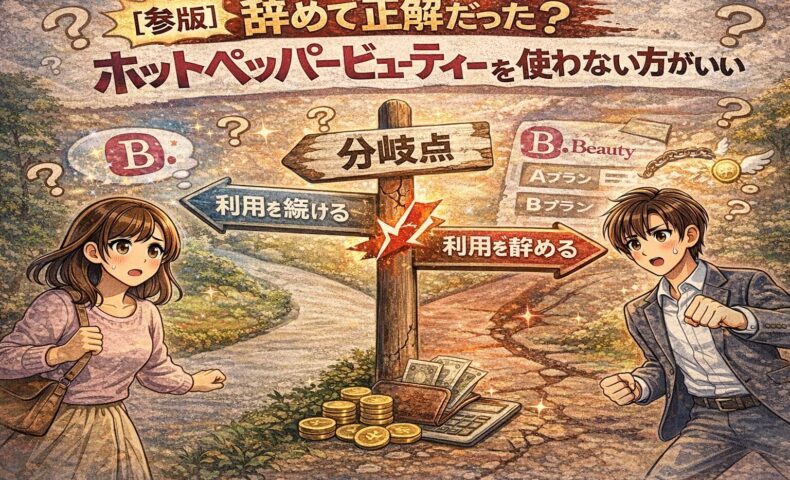 ホットペッパービューティーを続けるか辞めるかで悩むサロンオーナーが分岐点に立つイラスト。掲載継続と撤退の判断を象徴する構図。