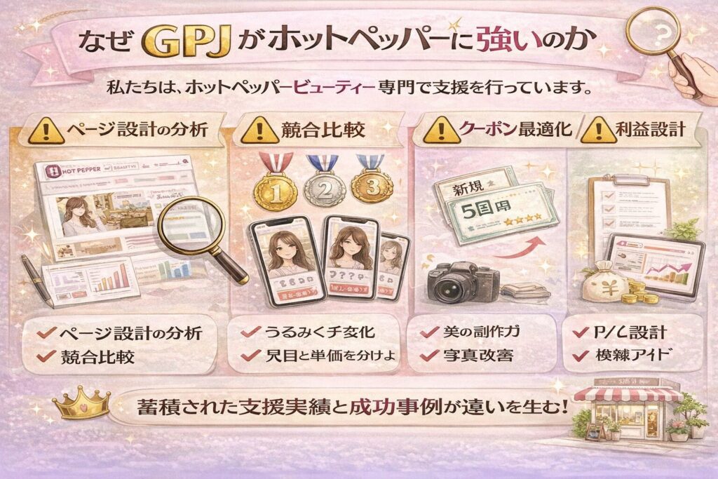 GPJがホットペッパービューティー支援に強い理由をまとめた横型インフォグラフィック。ページ設計分析、競合比較、クーポン最適化、写真改善、利益設計の5項目をアイコン付きで整理し、専門特化の強みを視覚的に表現している。