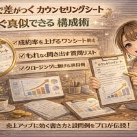 1枚で差がつくカウンセリングシート作り方をテーマに、ゴールド調の温かい雰囲気の中で女性がカウンセリングシートを提示し、売上アップの構成ポイントを示しているイラスト