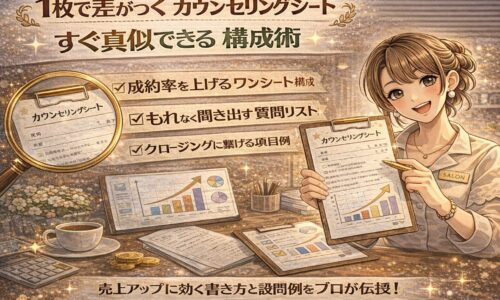1枚で差がつくカウンセリングシート作り方をテーマに、ゴールド調の温かい雰囲気の中で女性がカウンセリングシートを提示し、売上アップの構成ポイントを示しているイラスト