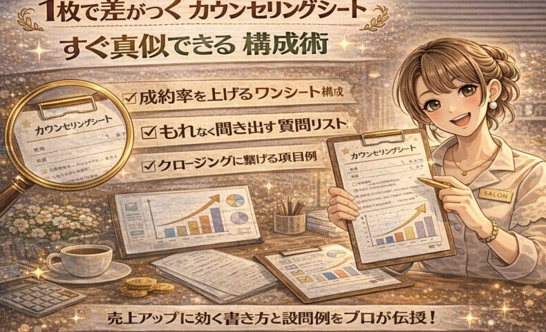 1枚で差がつくカウンセリングシート作り方をテーマに、ゴールド調の温かい雰囲気の中で女性がカウンセリングシートを提示し、売上アップの構成ポイントを示しているイラスト