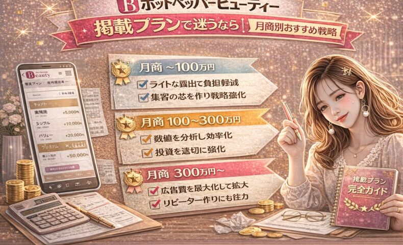 ホットペッパービューティー掲載プランの選び方をテーマにしたアイキャッチ画像。金とピンクを基調に、月商別（〜100万円・100〜300万円・300万円〜）のおすすめ戦略がチェックリスト形式で表示され、電卓や売上資料、スマホ画面が配置されている。右側には掲載プラン完全ガイドを持つ女性が描かれている。