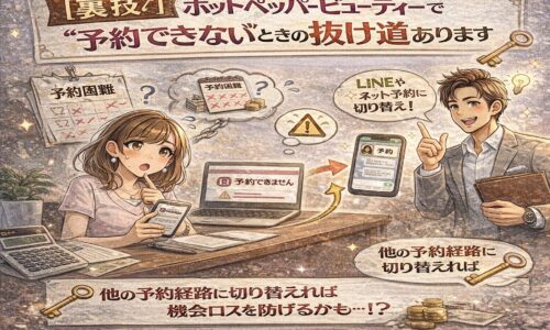 ホットペッパービューティーで予約できず困っているサロンスタッフと、別の予約経路への切り替え方法を示すイラスト。LINEやオンライン予約への誘導が描かれている。