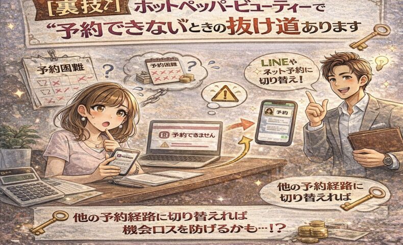 ホットペッパービューティーで予約できず困っているサロンスタッフと、別の予約経路への切り替え方法を示すイラスト。LINEやオンライン予約への誘導が描かれている。
