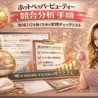 ホットペッパービューティーの競合分析手順を解説するアイキャッチ画像。地域1位のバッジ、サロン一覧画面、虫眼鏡で拡大された競合ページ、チェックリスト「各サロンの強みメニュー」「口コミ数と評価内容」「検索順位と狙うべきキーワード」、上昇グラフやコインが配置されている。