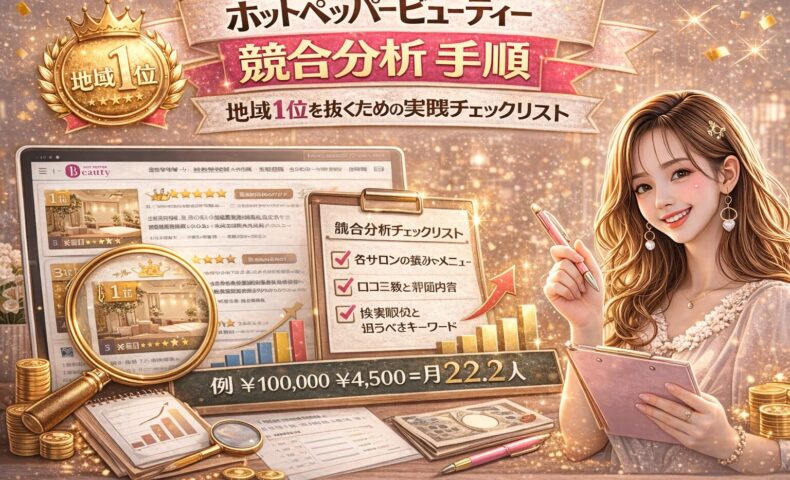 ホットペッパービューティーの競合分析手順を解説するアイキャッチ画像。地域1位のバッジ、サロン一覧画面、虫眼鏡で拡大された競合ページ、チェックリスト「各サロンの強みメニュー」「口コミ数と評価内容」「検索順位と狙うべきキーワード」、上昇グラフやコインが配置されている。