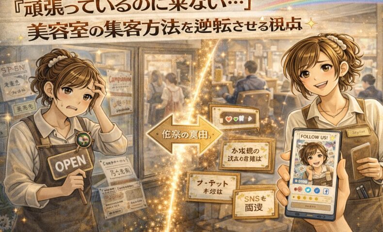 「頑張っているのに来ない」と悩む美容師と、SNS活用で笑顔を取り戻した美容師を対比した美容室集客改善のイメージ画像