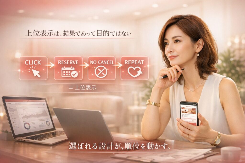 ホットペッパービューティー上位表示の仕組みを解説する美容サロンオーナーとクリック・予約・リピートの流れを可視化した横型マーケティング画像